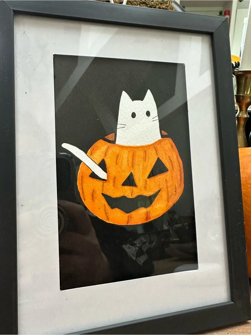 Halloween ghost cat in pumpkin framed watercolor 4x6 Art